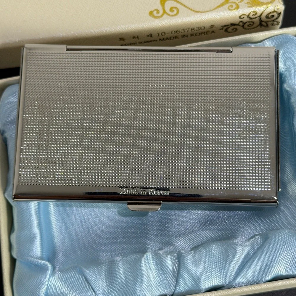 Korean Mother of Pearl Peacock Business Card Holder Case Silver Tone Mirror Box